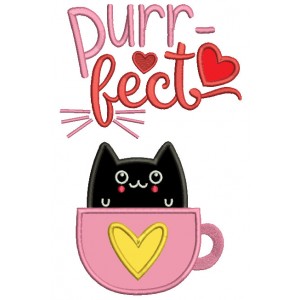 Purrfect Cat Cup Love Applique Machine Embroidery Design Digitized Pattern